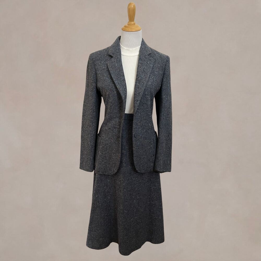 Vintage 90s Personal Wool Tweed Skirt Blazer Suit Blue Fleck Donegal 8